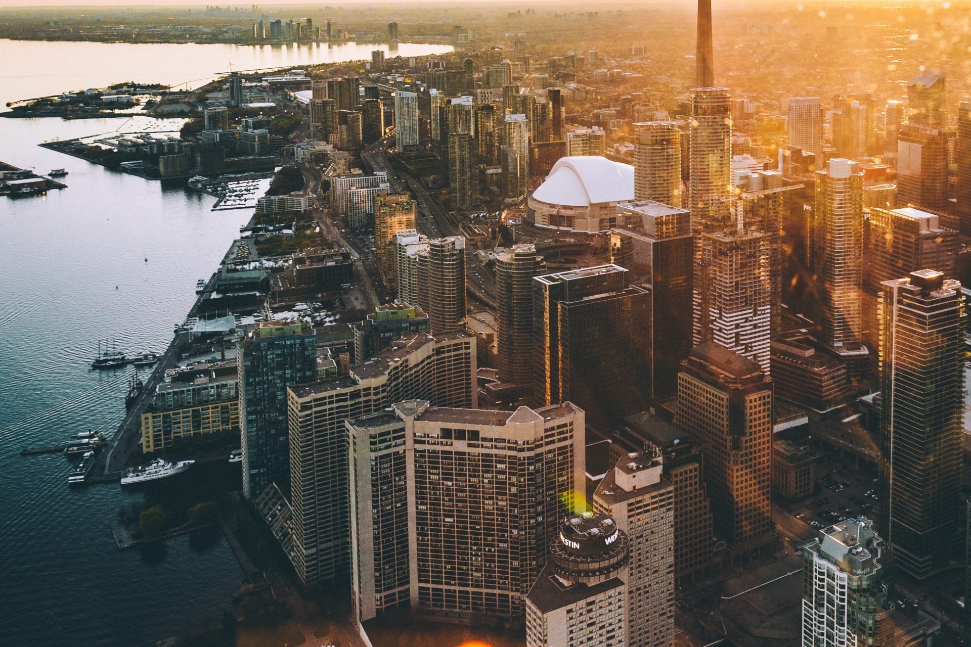 bird's eye view of Downtown Toronto with the CN Tower