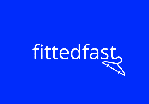 Fittedfast lettering with illustrated clothes hanger hanging off the last letter.