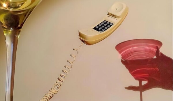 a white phone is suspended in the air between beside a yellow martini glass. A red martini glass is reflected on the wall.