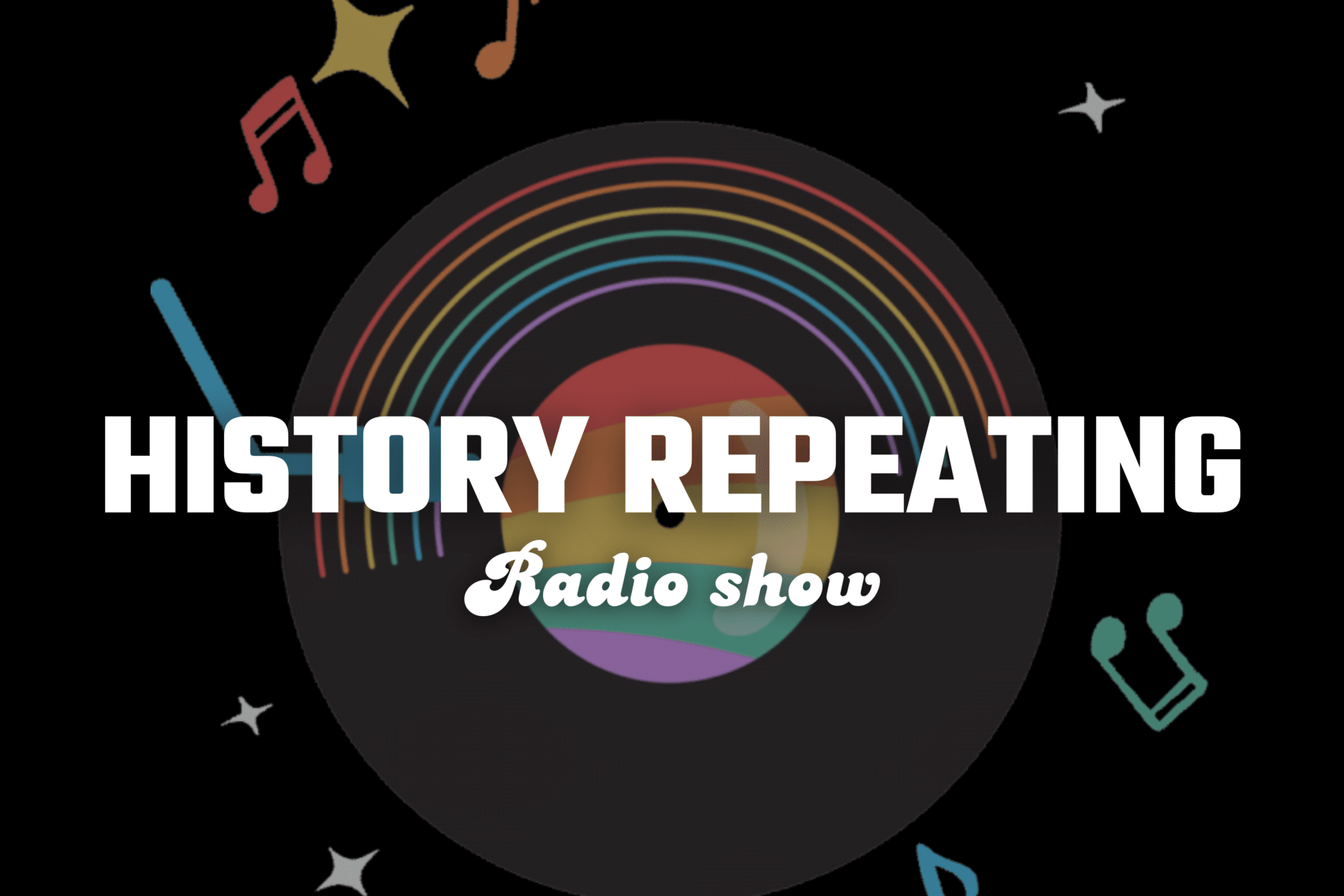 The text "History Repeating" is set over a background image of a record, surrounded by musical notes and sparkles.