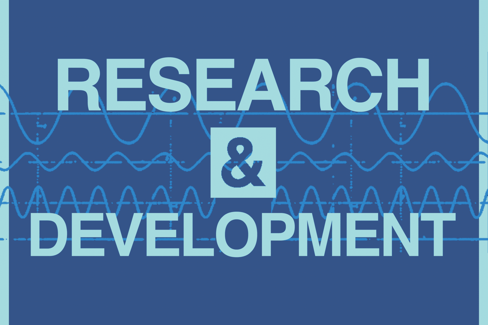 Light blue text reading "research and development" sits against a dark blue background, with audio waveforms faintly visible behind the text